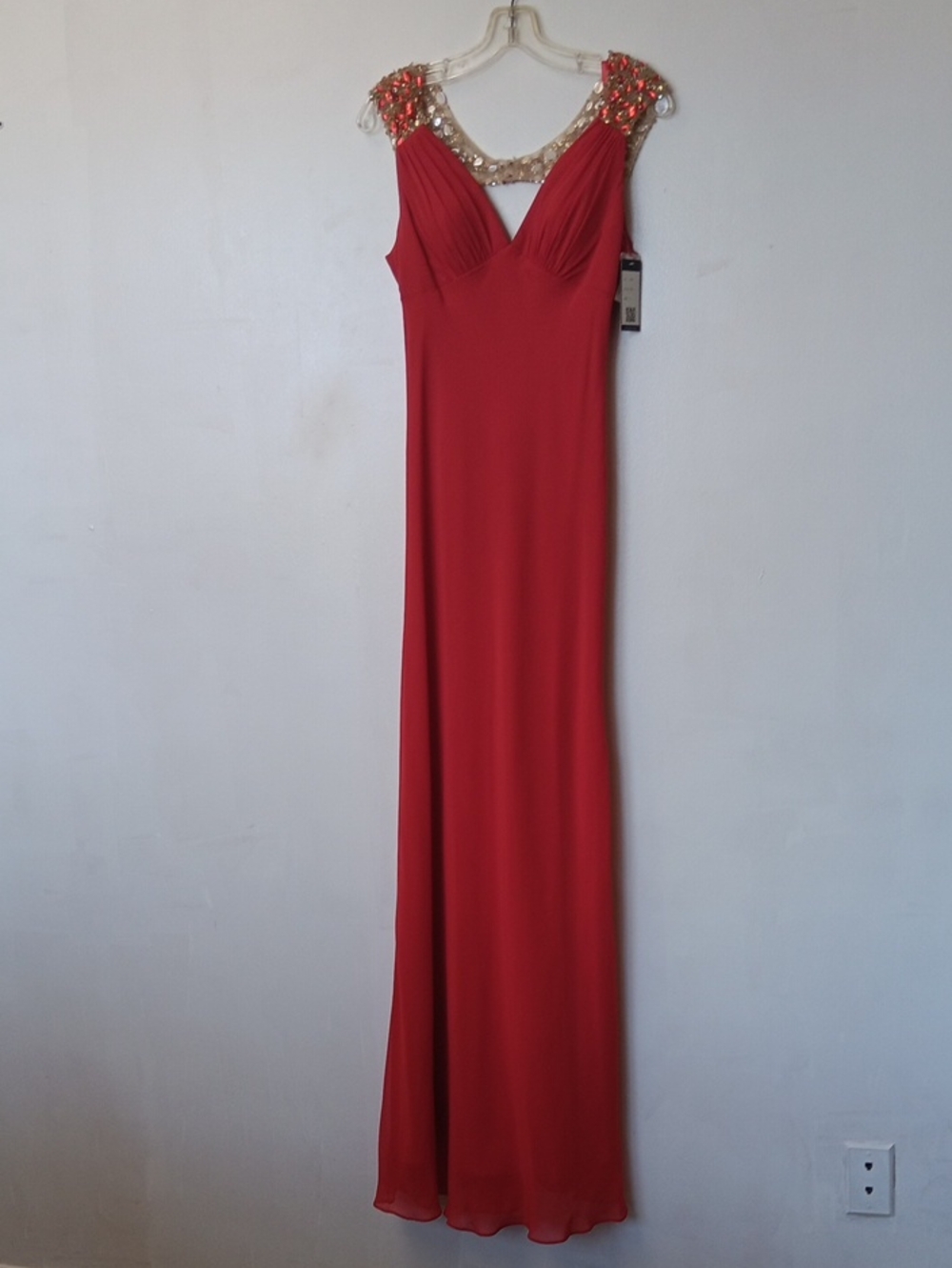 Faviana Red Maxi Dress with Embellished Illusion Neckline